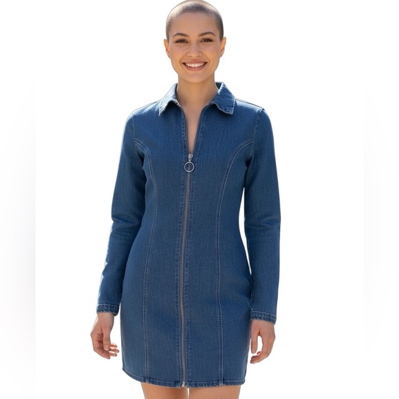 Biashe Denim Mini  Dress Full Front Zip Blue Jean Mini Dress Baddie Medium NWT - Picture 1 of 13